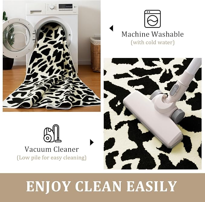 Leopard Rug for Living Room, Black and White Cute Cheetah Print Rug Modern Washable Animal Printed Rugs for Bedroom, Girls Boys Dorm Room Nursery Room, Playroom, 8x10