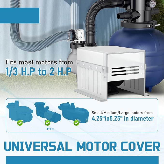 Salcod Pool Pump Cover for Outside Units, UV-Resistant ABS, White | Fits 1/3 to 2 HP Motors, 4.25–5.25 Inch Diameter, UV- and Water-Resistant ABS, Side Vents, Heat-Reflective White