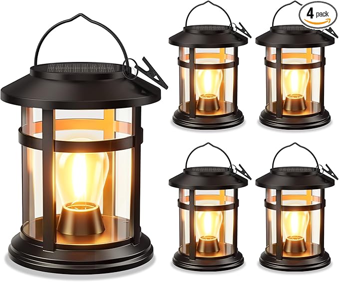 Solar Lantern Outdoor Waterproof, 4 Pack Bright Hanging Solar Lights for Outside Decorative, Upgraded Solar Powered Lanterns LED Lighting for Garden Patio Porch Decor Gifts (Warm Light)