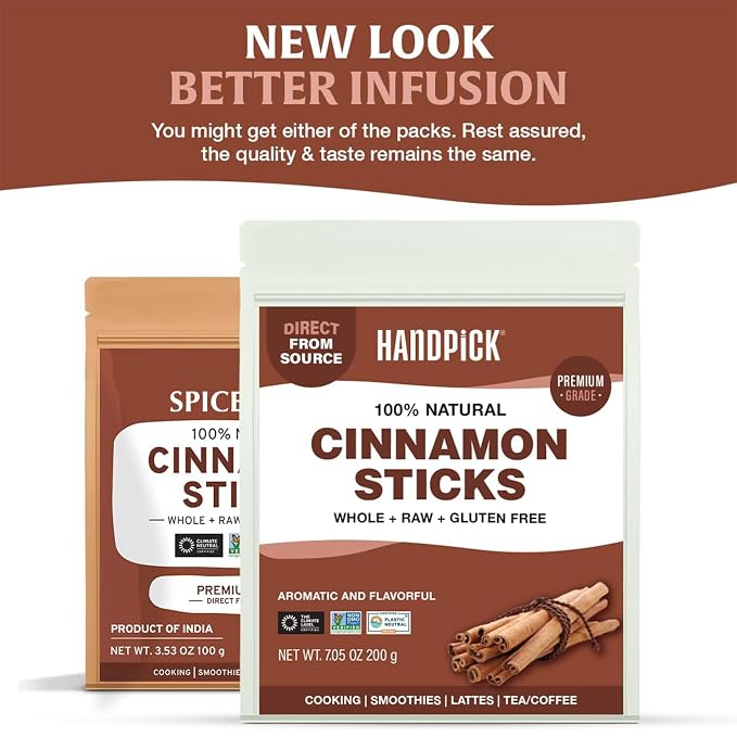 HANDPICK Cinnamon Sticks (7 oz) 100% Raw, Non-GMO, Gluten-Free | Premium Quality | Resealable Ziplock Pouch | Perfect for Baking, Cooking & Beverages (Packaging may vary)