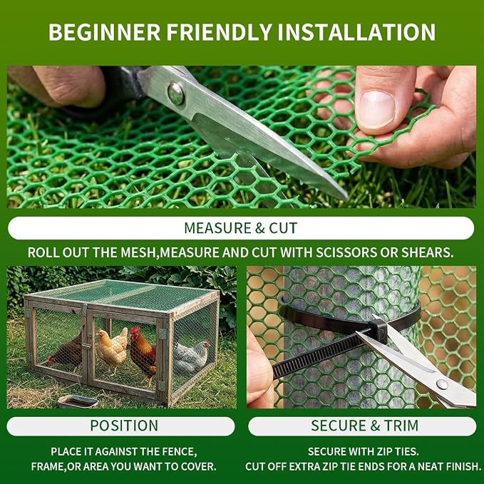 Plastic Chicken Wire Mesh Fence,Plastic Chicken Wire Roll 16in x 33ft,Garden Netting Fencing Barrier for Poultry, Animals, Pets and Balcony(Green)