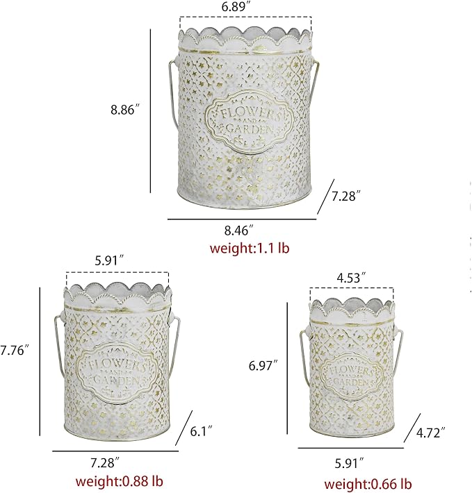 Set of 3 Vintage Distressed Metal Planter Rustic "Flowers and Garden" Embossed Flower Pots with Scalloped Edge & Handle Farmhouse Decorative Floral Buckets for Dried Flowers, Home Garden Decor