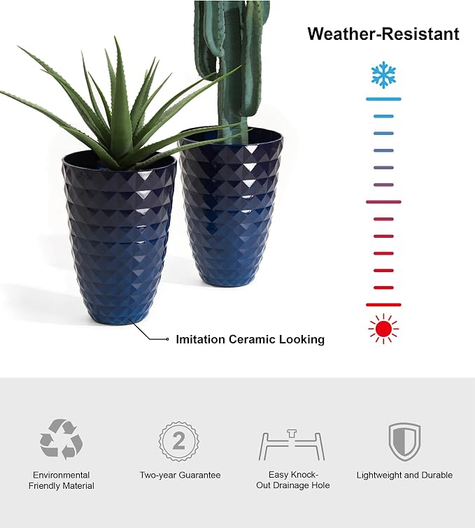 Glitzhome 19.75" H Oversized Tall Planter,Modern Set of 2 Textured Gradient Cobalt Blue Round Garden Plant Pots with Drainage Holes Flower Containers for Indoor Outdoor, Front Door, Patio and Deck