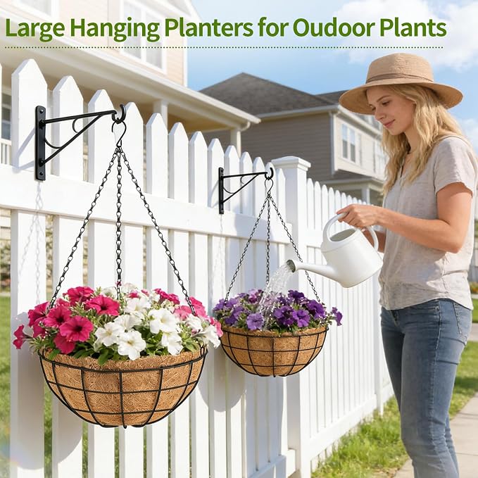 14 Inch Hanging Baskets for Plants Outdoor, 4 Pack Large Hanging Planters for Outdoor Plants, Round Metal Wire Hanging Flower Pots with Coconut Coir Liners for Garden, Deck, Porch, Balcony