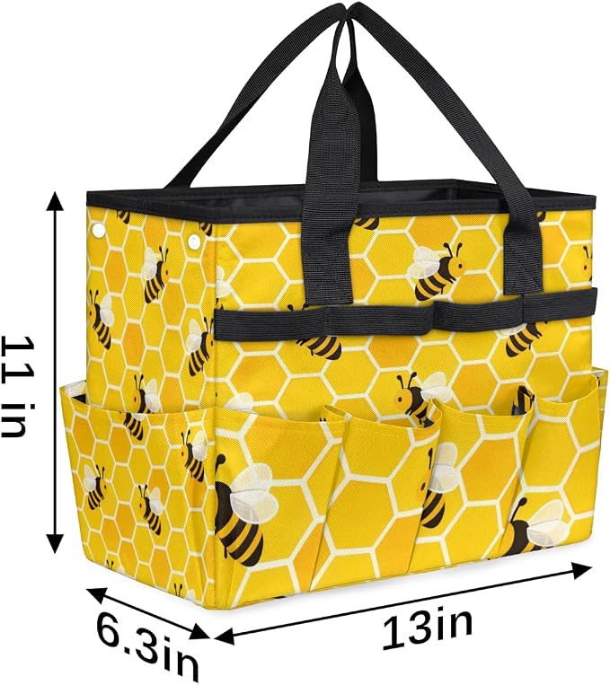 Garden Tote Bag with Pockets Honey Bees Gardening Bags for Tools Organizer Heavy Duty Storage Bag with Handle for Lawn Yard Casual