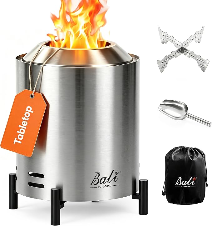 BALI OUTDOORS 6.5 inch Tabletop Fire Pit Round, Stainless Steel Table Top Firepit Small, Outdoor Smokeless Firepit Portable, Silvery
