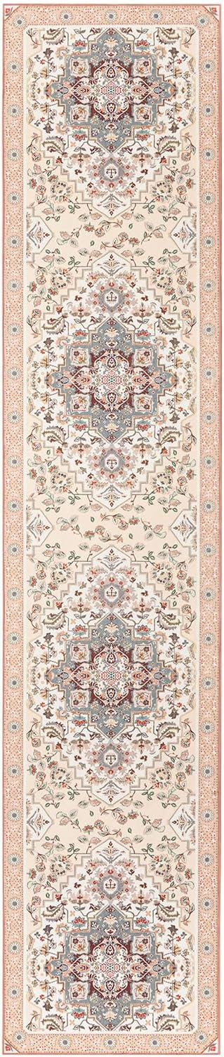 Phantoscope Washable Runner Rug 2'x10' Non-Slip, Vintage Boho Hallway Rugs for Entryway, Stair, Bedroom, Persian Floral Medallion Pattern, Low-Pile Foldable Floor Carpet, Ivory Rose/Fall Bloom