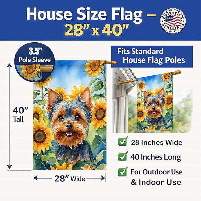 Caroline's Treasures DAC6178CHF Yorkshire Terrier in Sunflowers House Flag Large Porch Sleeve Pole Decorative Outside Yard Banner Artwork Wall Hanging, Polyester, House Size, Multicolor