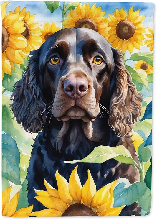 Caroline's Treasures DAC6011CHF American Water Spaniel in Sunflowers House Flag Large Porch Sleeve Pole Decorative Outside Yard Banner Artwork Wall Hanging, Polyester, House Size, Multicolor