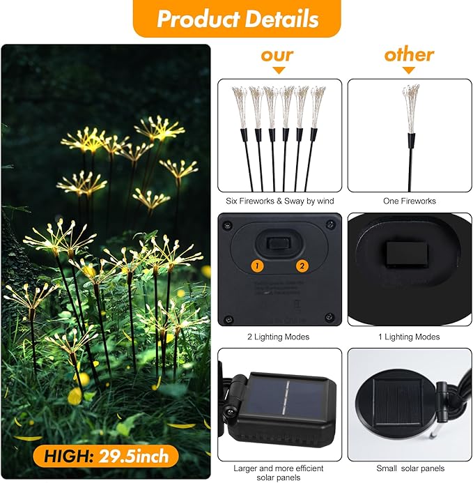 Kwaiffeo Solar Garden Light 4 Pack Outdoor Waterproof Firework Lights with 240 LEDs Twinkling Fairy Solar Lights Outdoor Garden Yard Pathway Decor, Gardening Gifts for Women Mothers Day (Warm White)