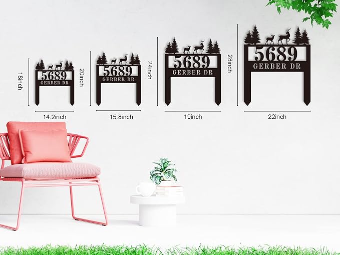 Personalized Deer Address Yard Stake with Pine Trees, Custom Metal Yard Signs with Stakes, Personalized Address Signs for Yard, House Number Signs for Yard