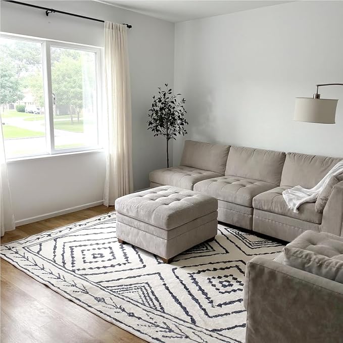 6'x9' Washable Area Rug for Living Room Bedroom White Black | Soft Western No Slip Low Pile Print Foldable Indoor for Kitchen Dining Room