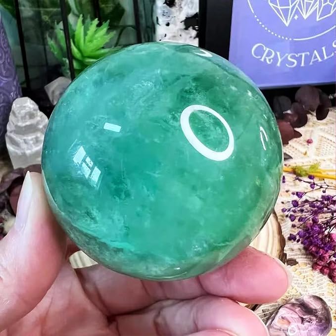2-2.4 inch (5-6 cm) Natural Green Fluorite Crystal Ball with Stand, Hand Polished Gemstone Sphere, Reiki Healing Decorative Stone Sphere, Feng Shui Home Ornament, Mineral Crystal Collection Gift