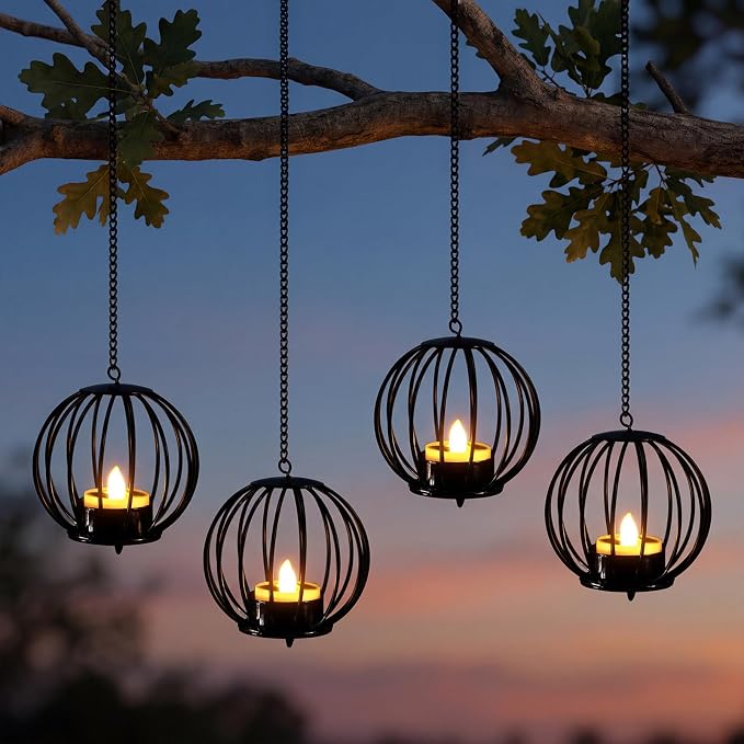 Edenseelake Solar Hanging Lanterns Outdoor Waterproof, Metal Ball Candle Holder with Flickering Solar Powered, Chargeable Solar Lights for Backyard Patio Garden Fence Tree Decoration, 4 Pack