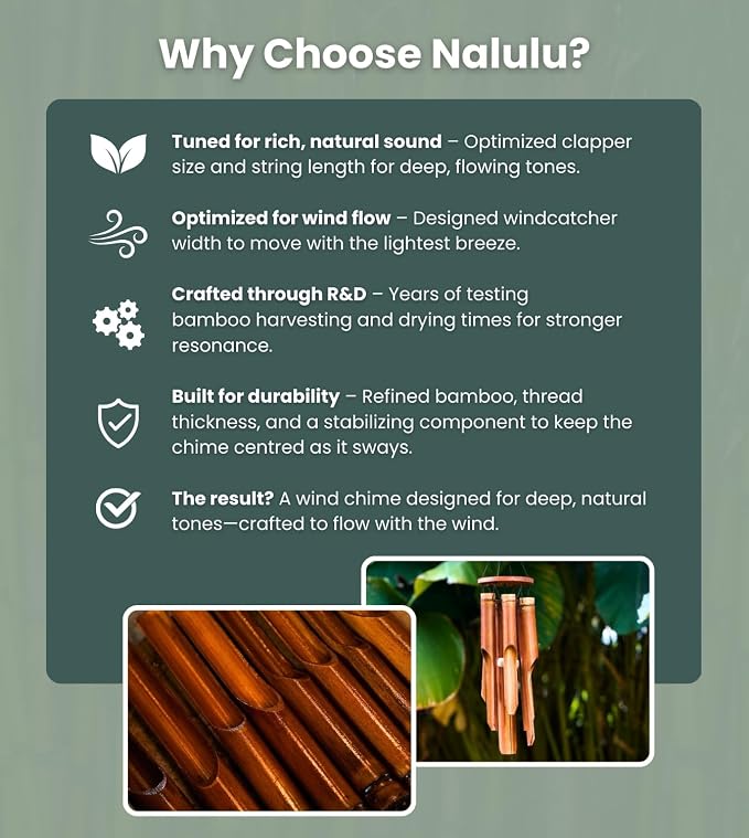 Nalulu Classic Bamboo Wind Chimes - Outside Outdoor Wood Wooden Windchimes, Small, Handcrafted with Calming Deep Tones, Ideal Home Decor or Gift for Any Occasion