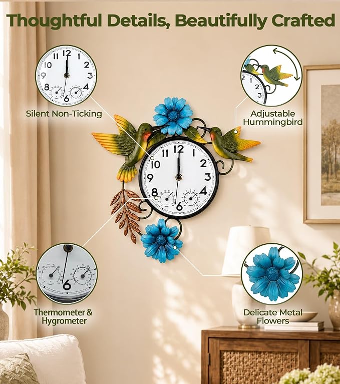 Outdoor Clock with Thermometer and Hygrometer Combo | Silent Non-Ticking Outside Clocks for Patio Waterproof, Metal Decorative Wall Clock for Living Room, Blue Daisy & Hummingbird