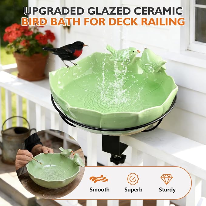 Glazed Ceramic Bird Bath for Deck Railing, 11 Inch Outdoor Bird Feeder Bowl with Adjustable Clamp, Easy Install Balcony/Patio Birdbath for Outside Garden Backyard Decoration, Green