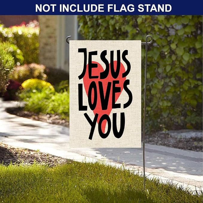 EMMTEEY Double Sided Easter Garden Flag 12.5X18 Inch Yard Outdoor Decor Garden Flag Jesus Loves You Lettering Design Housewarming Modern Red Heart White Garden Flag