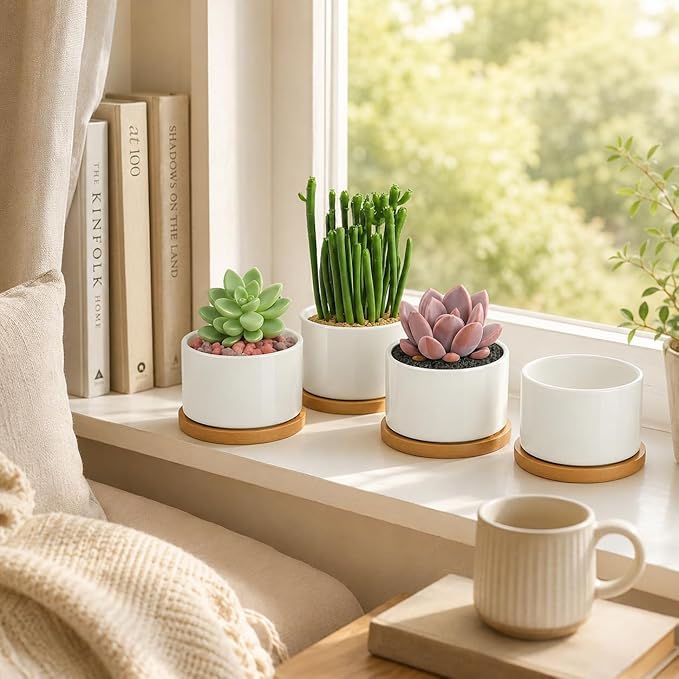 ZOUTOG 12 Pack Ceramic Succulent Pots,3.6 Inch Plant Pots,Succulent Planters with Drainage Hole & Bamboo Tray for Indoor Plants,White Small Flower Planters for Home,Office,Desk