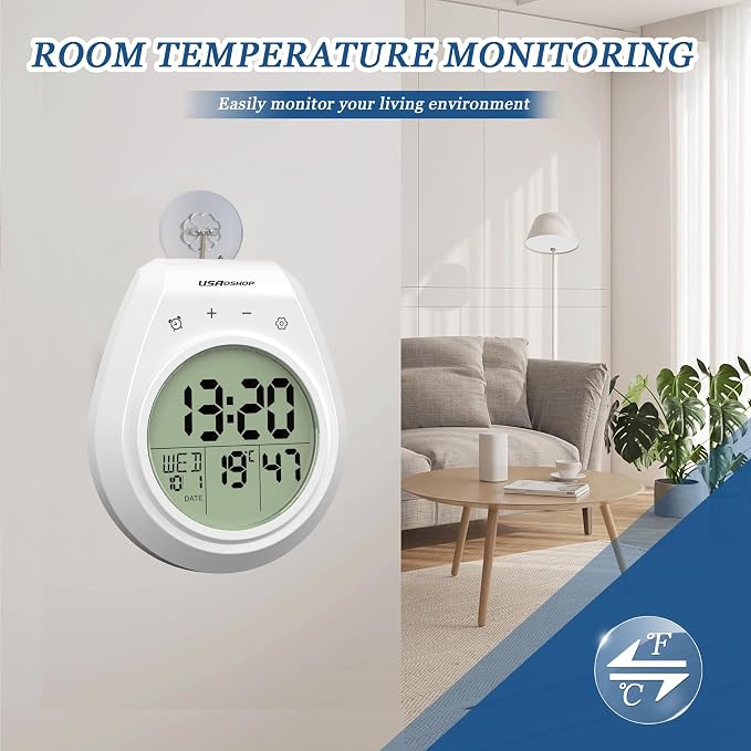 Shower Clock Waterproof Bathroom Timer, Digital Wall Clock Kitchen Clock with Countdown, Touch Screen, Temperature, Calendar, Suction Cup Hanging Hole, for Spa Cook Bath