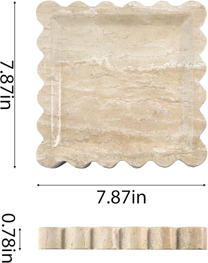 Scalloped Square Marble Decorative Tray, Natural Stone Vanity & Jewelry Tray, Trinket Organizer for Ring, Key, Dresser, Nightstand, Bathroom Counter & Kitchen Sink(Beige Travertine)