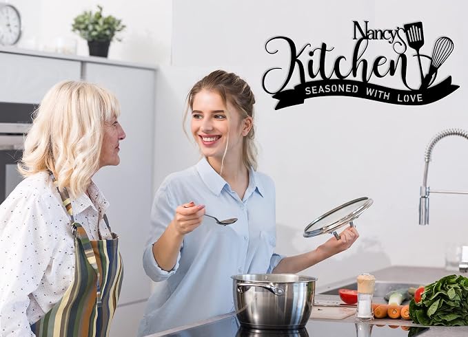 Personalized Kitchen Sign Custom Name Metal Wall Decor, Kitchen Wall Art with Seasoned With Love Quote, Family Name Kitchen Decoration, Rustic Farmhouse Home Decor, Housewarming Anniversary Wedding Gift for Couples