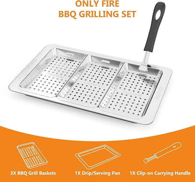 Onlyfire Grill Basket Set, 5PCS Stainless Steel Grill Pan - Include 3 Grilling Baskets, a Serving Tray and Removable Handle, Great for Grilling Fish, Meat, Veggies
