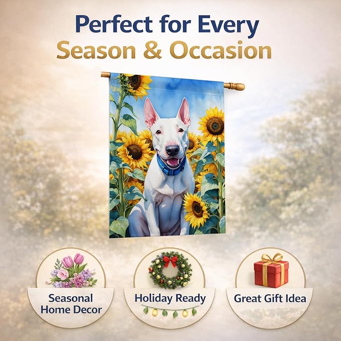 Caroline's Treasures DAC6071CHF English Bull Terrier in Sunflowers House Flag Large Porch Sleeve Pole Decorative Outside Yard Banner Artwork Wall Hanging, Polyester, House Size, Multicolor