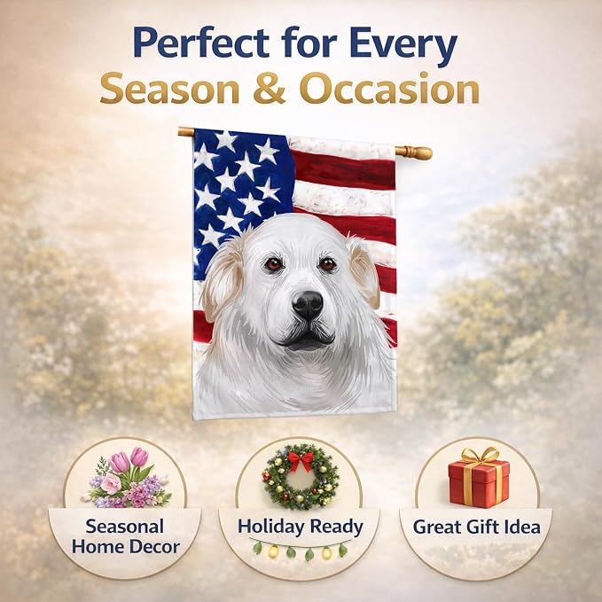 Caroline's Treasures CK6599CHF Kuvasz American Flag House Flag Large Porch Sleeve Pole Decorative Outside Yard Banner Artwork Wall Hanging, Polyester, House Size, Multicolor