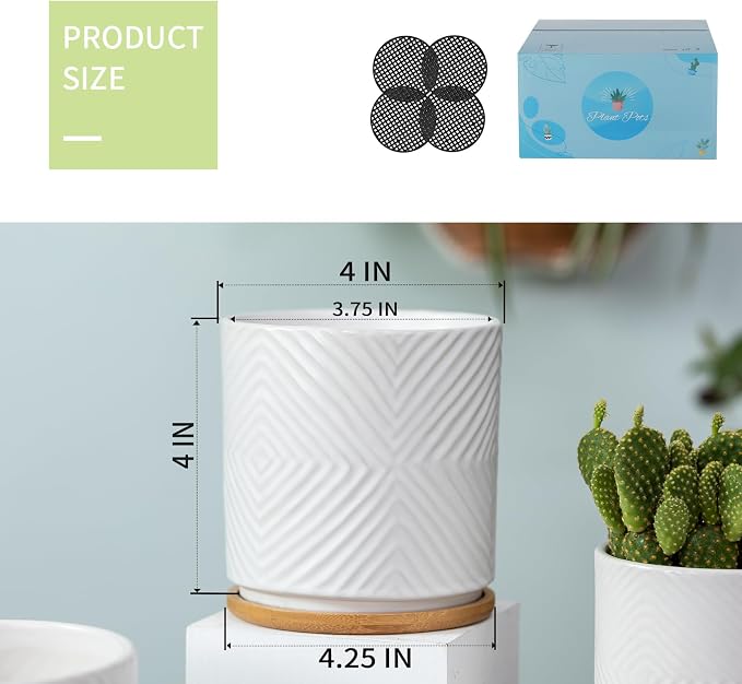 4” Ceramic Planter Pots with Drainage Hole&Saucer Set of 4 | Geometry Design Succulent Plant Flower Pot for Indoor & Outdoor Snake Plant Succulent Cactus & Herbs (Plants Not Included )