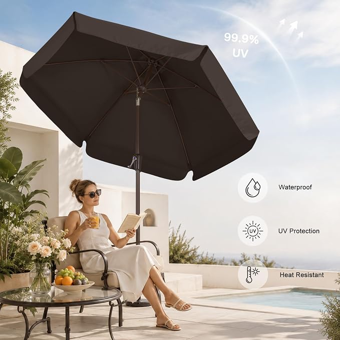 ABCCANOPY 7.5ft Scalloped Patio Umbrella, Outdoor Table Umbrella with Tilt and Crank, Fiberglass Ribs Deck Umbrella for Patio, Pool, Garden, Picnic (Brown)