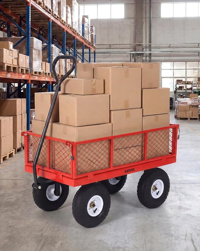 Garvee Versatile Outdoor Utility Cart - 400LBS Heavy-Duty, 10" All-Terrain Pneumatic Tires, Easy Maneuverable Lawn Cart with Removable Mesh Panels for Gardening & Landscaping,Red