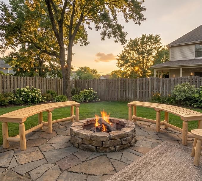 FORTUNO Outdoor Wooden Curved Backless Porch Bench Rustic Style Cedar/Fir Wood Log Fire Pit Bench for Patio Garden Deck and Backyard, 40"-54" W×13" D×16.5" H, Natural