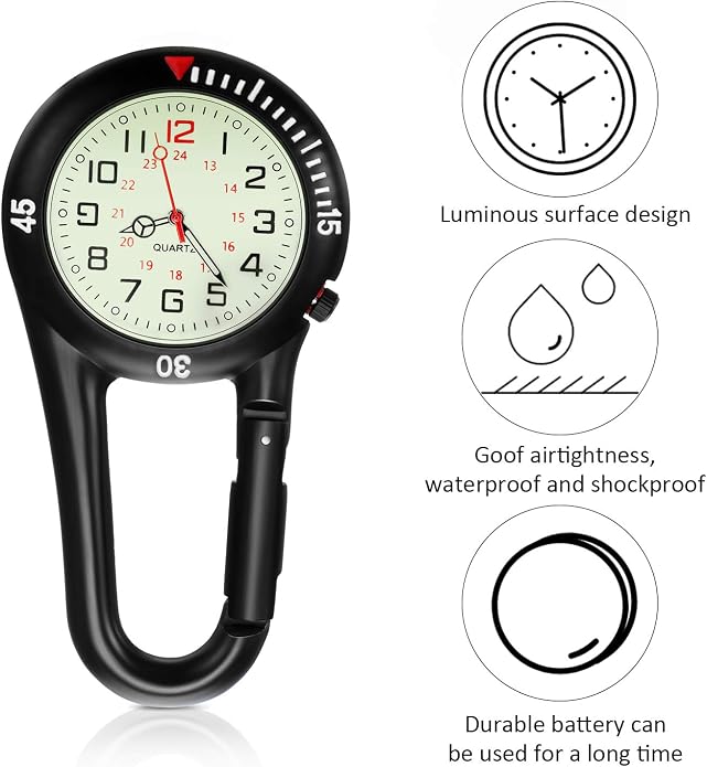 Hicarer 2 Pieces Clip on Quartz Watch Backpack Fob Belt Glow in The Dark Unisex Pocket Watch with White Dial for Doctors Nurses Outdoor Activities