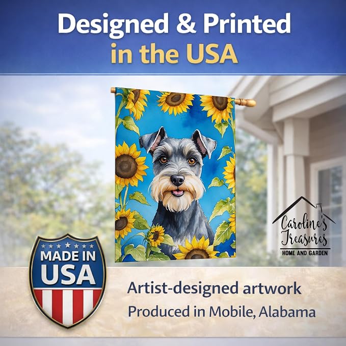 Caroline's Treasures DAC6156CHF Schnauzer in Sunflowers House Flag Large Porch Sleeve Pole Decorative Outside Yard Banner Artwork Wall Hanging, Polyester, House Size, Multicolor