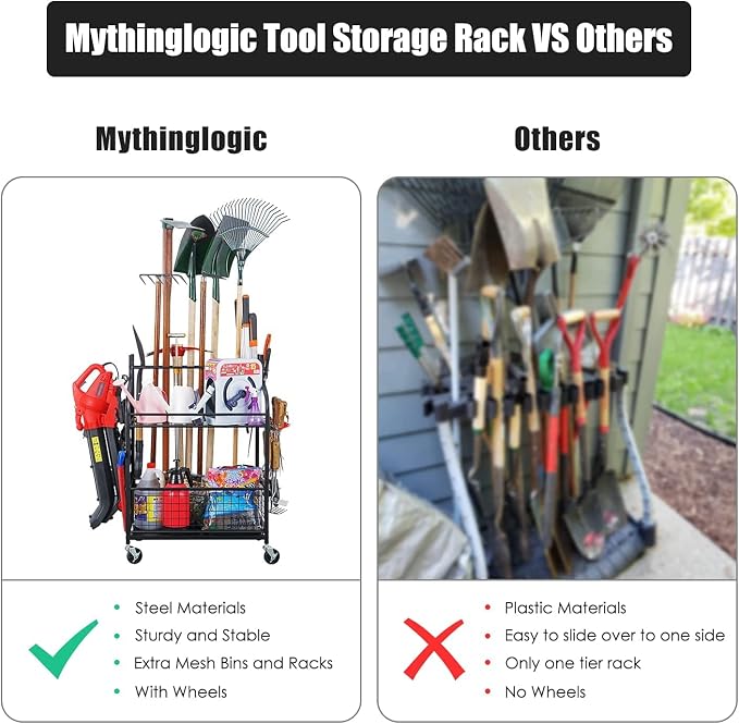 Mythinglogic Garden Tool Organizer for Garage, Yard Tool Rack with Wheels, Garage Organizers and Storage Holder for Yard Tools (Deluxe Tower)