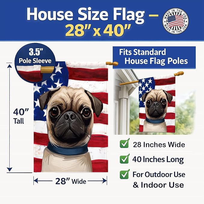 Caroline's Treasures CK6665CHF Pug Dog American Flag House Flag Large Porch Sleeve Pole Decorative Outside Yard Banner Artwork Wall Hanging, Polyester, House Size, Multicolor