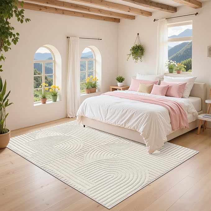 Pauwer 4x6 Area Rugs for Living Room, Modern Non Slip Washable Rug, Beige | Arch Pattern, Soft Fluffy, Neutral, Boho Accent, Solid Color Floor Carpet, For Kids Room Dining Room Nursery Entryway
