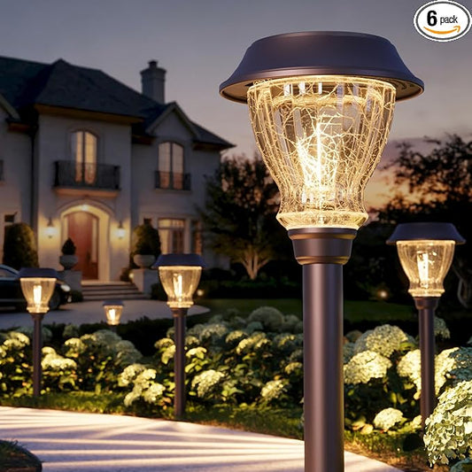 XMCOSY+ Solar Pathway Lights Outdoor, 6 Pack Decorative Crackled Glass Garden Lights, Soft Warm White Glow, Auto On/Off LED Waterproof Landscape Lighting for Yard Walkway Patio