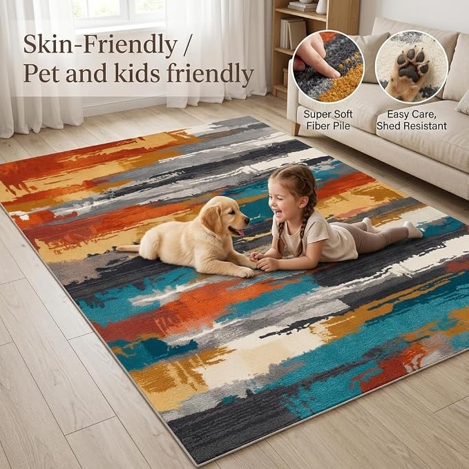 5x7 Burnt Orange and Teal Blue Modern Brush Stroke Lines Area Rug | Soft faux cashmere low-pile, machine washable non-slip foldable rug for living rooms, bedrooms and dining rooms.