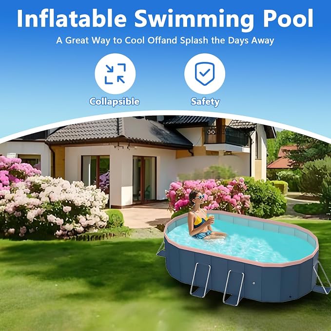 Foldable Pool, Hard Plastic Collapsible Pool, Large Non Inflatable Rectangle Pool Above Ground, Backyard Pool for Adults, Oversized Thickened, Easy Assembly (Round Corner 79 Inch)