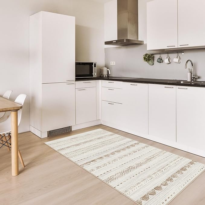 Nakagishi Boho 2x4 Washable Area Rug Non Slip Carpet for Entryway Beige | Pet & Kid Friendly, Machine Washable, Low Pile Carpet for Kitchen Hallway Daily Home Decor,Farmhouse Neutral Moroccan