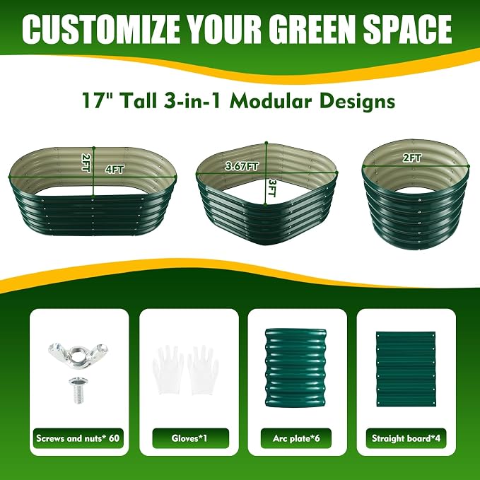 TBMLC 17" Tall Elevated Oval Metal Raised Garden Bed - 4ft x 2ft in Size and 0.8MM Thick Durable Planter Bed/Box for Vegetables Flowers Succulent at Patio/Garden Outdoor (Dark Green, 4X2X1.4 FT)