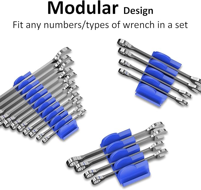 DEHOYI 48 pcs MAGNETIC Modular Wrench Organizers for Tool Drawers - Wrench Rack with Metric&SAE Labels, Perfect Tool Storage Holder. Gift for mechanics (Blue)