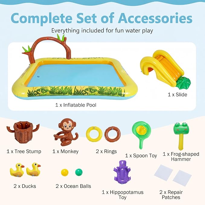 GLACER Kiddie Pool with Slide, Baby Pool with 11 Jungle Animal Toys | Inflatable Play Center with Arch Sprinkler, Repair Patches, PVC Outdoor Toddler Splash Pad for Backyard, Garden and Poolside