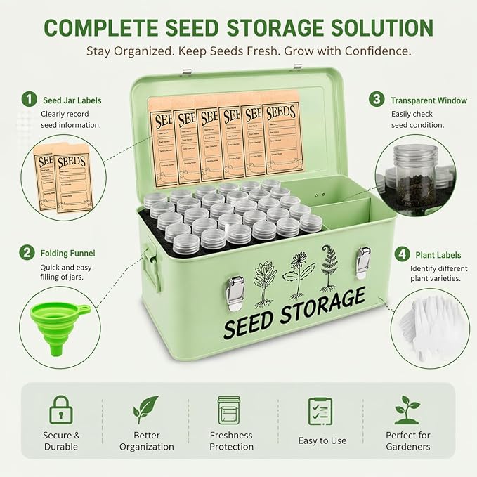 Metal Seed Storage Box Organizer with 3 Compartments, Safety Lock Lid Bin Seed Bottles Envelopes, Plant Labels, Foldable Funnel Gloves,Portable All-in-One Seed Saving Tin for Gardeners Beginners
