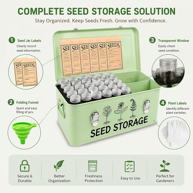 Seed Storage Box – Metal Seed Packet Organizer with Garden String and Bamboo Plant Labels. Seed Container Storage delivering complete Seed Saving Organization for every Garden Lover.