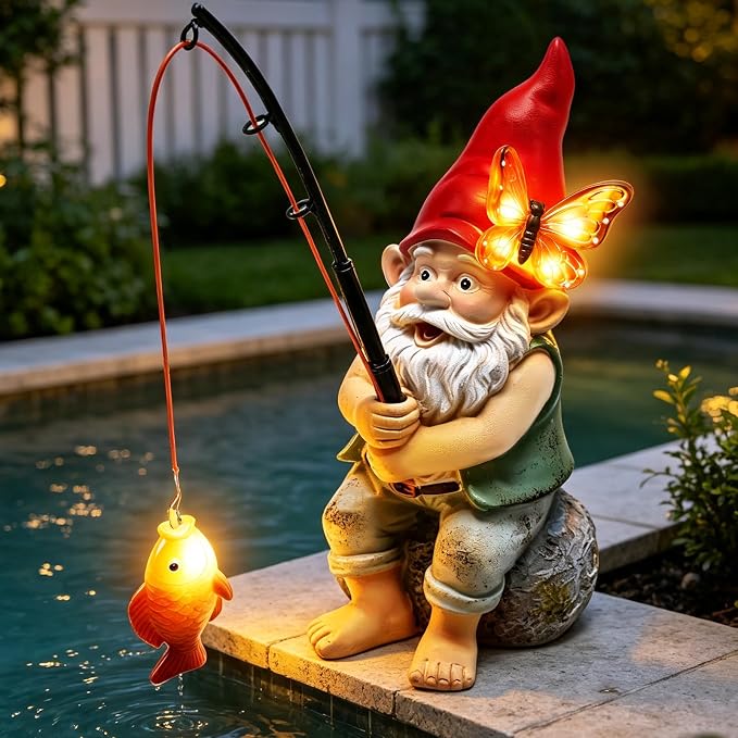 Fishing Gnome Garden Outdoor Statues, Solar Gnome with Butterfly Lights | Waterproof Gnomes Decorations for Yard, Birthday Gifts for Mom Women Christmas, Figurines Decor Patio Porch Lawn Ornaments