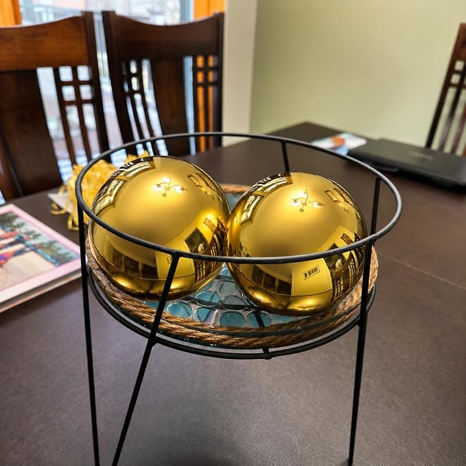 Gazing Ball Garden Mirror Outdoor - Outside Decorative Globe, Gold, 2Pcs | Metal Polished Reflective Sphere, Stainless Steel Hollow Decoration Ornament for Home Pond Swimming Pool Housewarming Gift