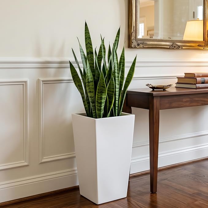 KOL Planters for Outdoor Plants, 20 Inch Tall White Flower Pots 2 Pack, Large Plastic Plant Pots with Drainage Hole and Dual-Purpose Tray, Decorative Indoor Planter for Front Porch Patio Garden